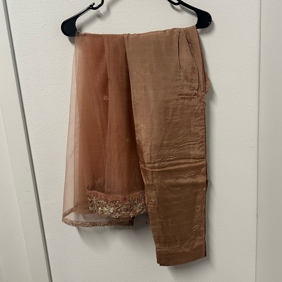 Peach Tan Embroidered 3-Piece Salwar Kameez with Net Dupatta - Picture 11 of 13